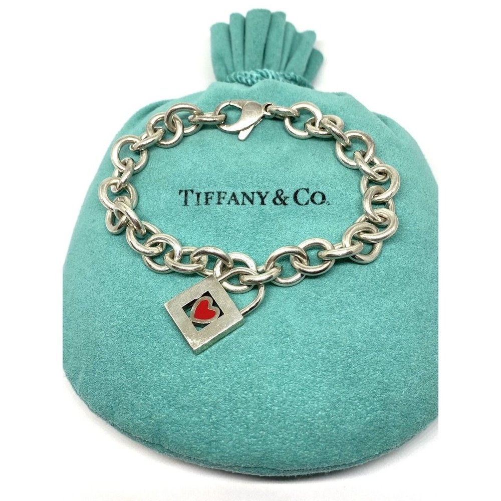 TIFFANY & CO. Bracelet 8” Red Heart Padlock Charm Sterling Silver W/Pouch